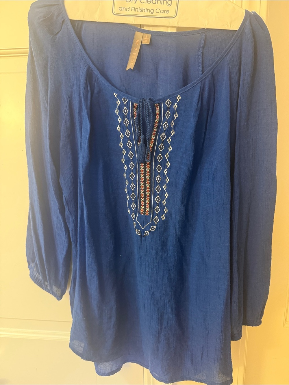 Women's Indigo Embroidered Peasant Tunic - Boho Scoop Neck